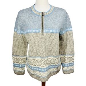 VINTAGE 100% Wool Susan Bristol Blue and Gray Fair Isle 3/4 Zip Sweater Large